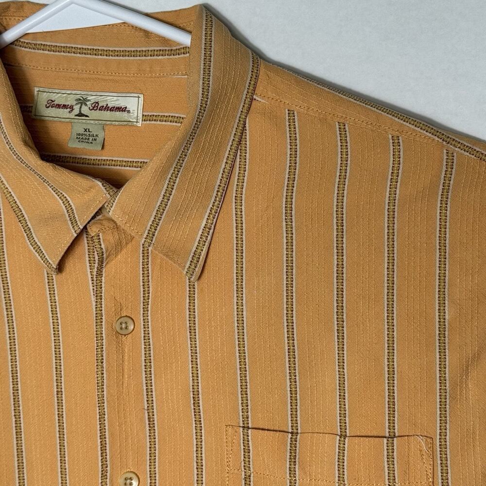 Tommy Bahama 100% Silk Long Sleeve Button Front Shirt XL Mustard Brown Stripe